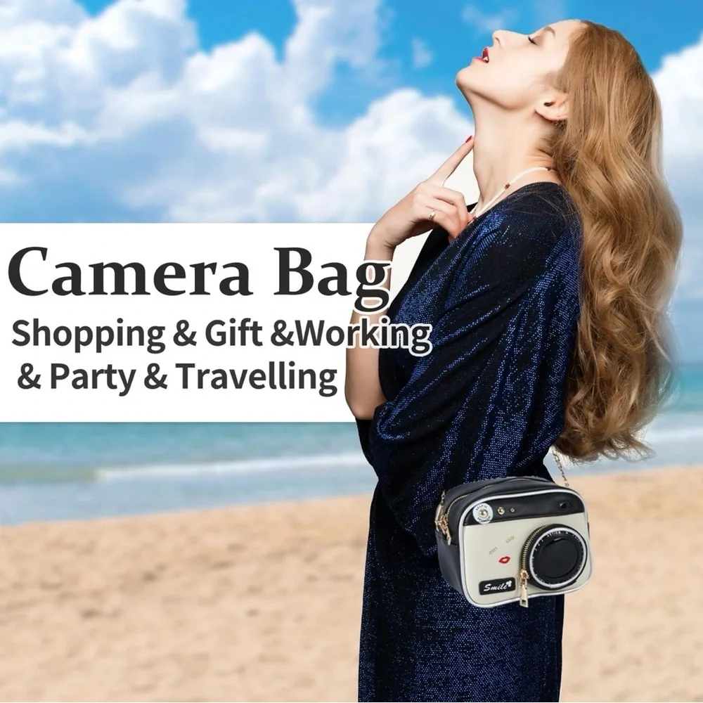 NWOT Stylish Black and White Camera Crossbody Bag